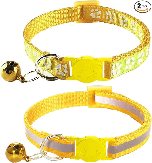 2 Pack Breakaway Cat Collars with Bells, Reflective Design and Claw Print Design, Safety Buckle, Adjustable 7.5-12.5 Inches for Kittens & Cats (Yellow)