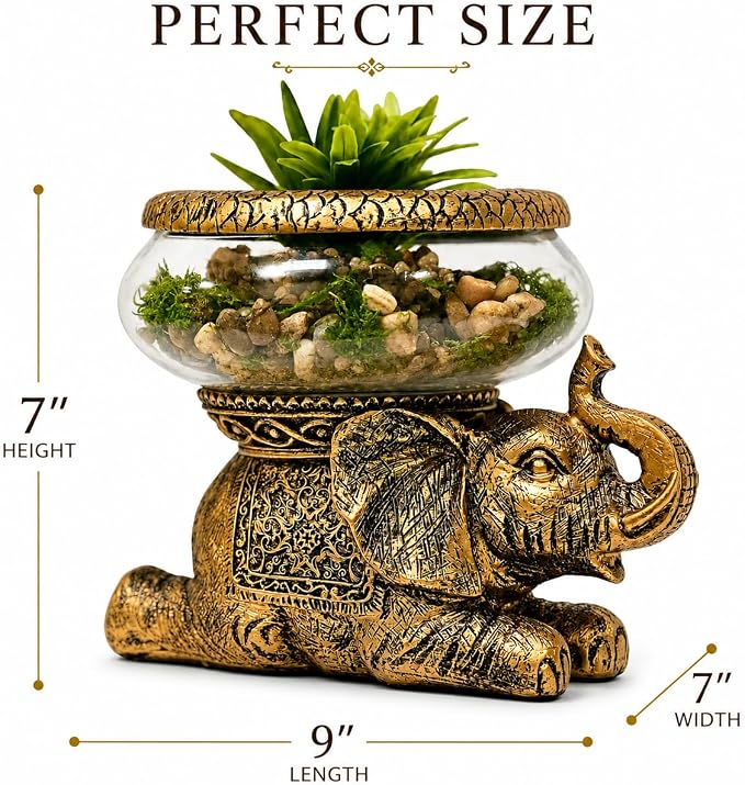 Good Luck Elephant Terrarium Bowl, Antique Gold | Elephant Figurine with Removable Glass Bowl, Succulent Planter, Candle Holder, Air Plant Display, Zen Home Décor Accent