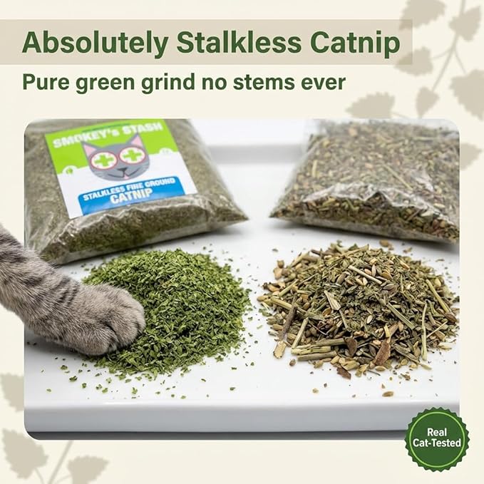 Smokey's Stash Catnip Stalkless Dried Ground Premium Bulk 12 Ounce Bag Strong Cat nip for Cats