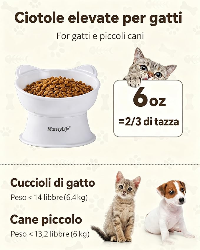 MateeyLife Elevated Cat Bowls, 2P Raised Food and Water Bowl Set for Indoor Cats & Small Dogs, Whisker Fatigue Cat Bowl, Anti Vomit Feeding Pet Bowls, 6 oz Each, Dishwasher Safe - White & Grey