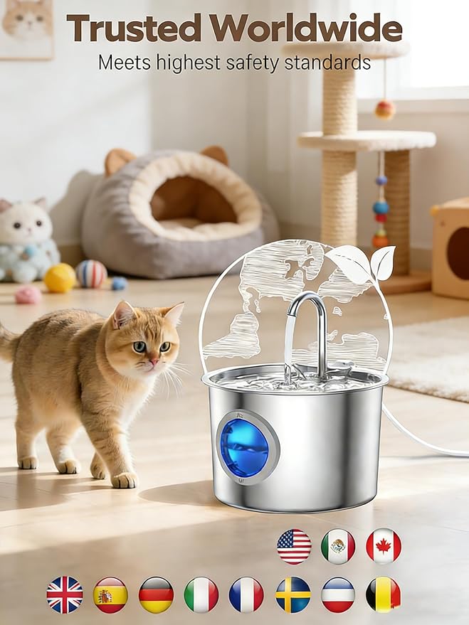 Cat Water Fountain Advanced 304 Stainless Steel 2.2L/74oz with Detachable Tank, Easy to Clean, Automatic Pet Fountain Quiet Cats Water Dispenser, Perfect for Indoor Cats Dogs