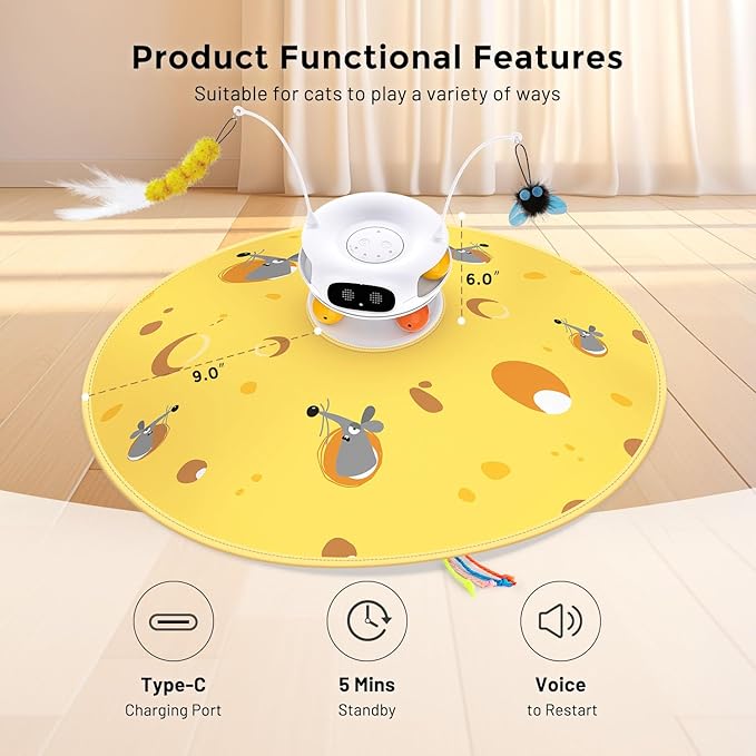 ZOMISIA Interactive Cat Toys for Indoor Cats, 5 in 1 Rechargeable Automatic Cat Toy with Laser, Motion Activated and Hide and Seek, Fluttering Feather & Dual Track Balls with Chirping for Bored Cats