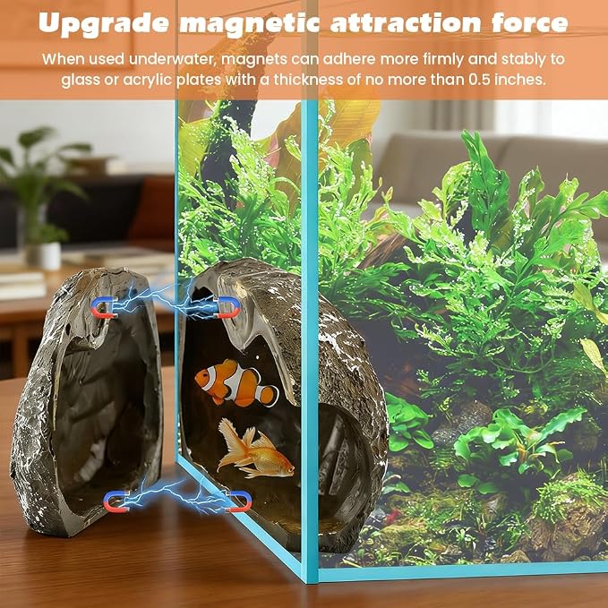Magnetic Aquarium Cave Magnetic Rocks Fish Tank Decor with Strong Magnetics Resin Pleco Hideout for Bettas Easy Viewing Shelter(Color:Brown)