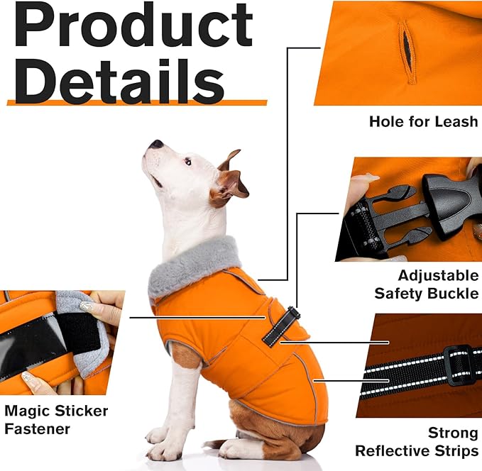 Lelepet Dog Coat Waterproof Dog Jacket Reflective Fleece Vest with Adjustable Buckle & Leash Hole Windproof Cold Weather Coats for Small Medium Large Dogs, Warm Hunting Vest, Orange, M