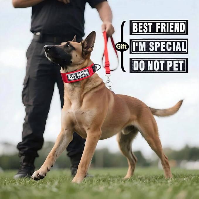 AirTag Dog Collar, 2" Wide Tactical Military Dog Collar with AirTag Holder & 3 Pet Patches, Soft Padded Reflective Waterproof Nylon Collar with Metal Buckle for Large Dogs (Red, L)