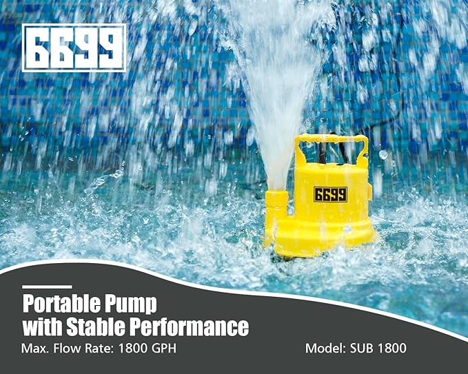 Submersible Sump Pump 1/3 HP 1800GPH Utility Pump Thermoplastic Electric Portable Transfer Water Pump with 10-Foot Cord for Pool Tub Garden Pond Draining Tankless Heater Flushing