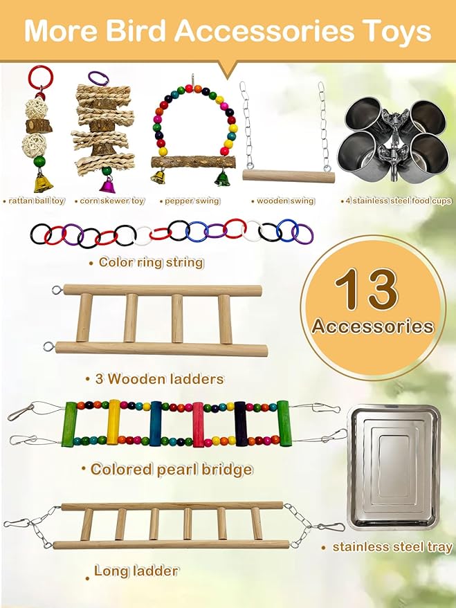 5 Layers Large Bird Playstand with Wheel, Natural Wood Parrot Playground, Parakeet Perch Stand Small Bird Playgym with Ladder Toy Accessories for Cockatiel Cockatoo Finch Budgie Lovebird