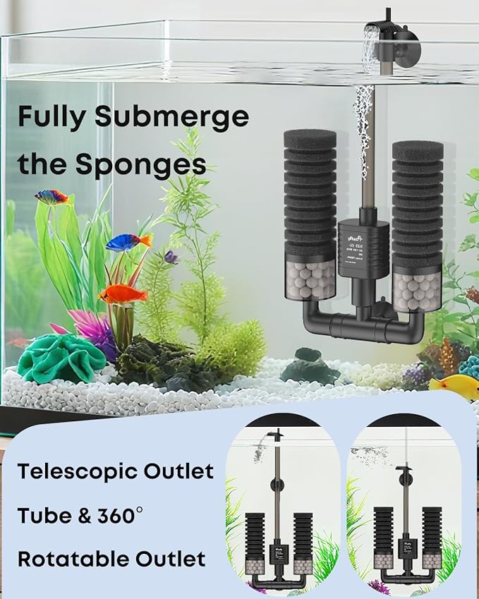 Pawfly Aquarium Sponge Filter, 70 GPH Fish Tank Filter, 3 W Submersible Small Aquarium Filter with Water Pump, Double Foams & Ceramic Balls, Quiet Bio Sponge Filter for 10-40 Gallon Tanks