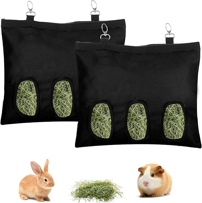 2 Pcs Rabbit Hay Feeder,Guinea Pig Hay Feeder,13×10.8 Inch Guinea Pig Bag,Small Animal Feeding Bag for Rabbits, Hamsters, Hedgehogs (3 Holes,Black)