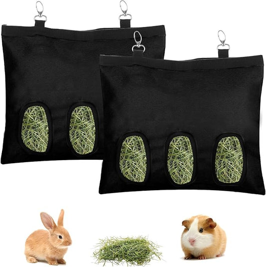 2 Pcs Rabbit Hay Feeder,Guinea Pig Hay Feeder,13×10.8 Inch Guinea Pig Bag,Small Animal Feeding Bag for Rabbits, Hamsters, Hedgehogs (3 Holes,Black)