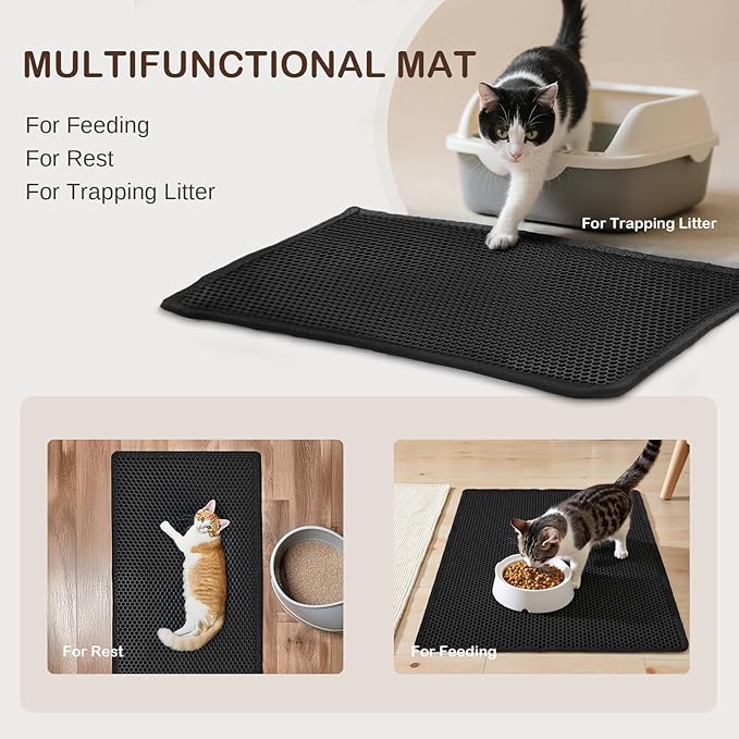 Large Cat Litter Mat, 29.9'' x 35.8''Inch, Double Layer Waterproof Proof Litter Box mat, Non-Slip Design, Easy to Clean, Black Cat Litter Trapping Mat