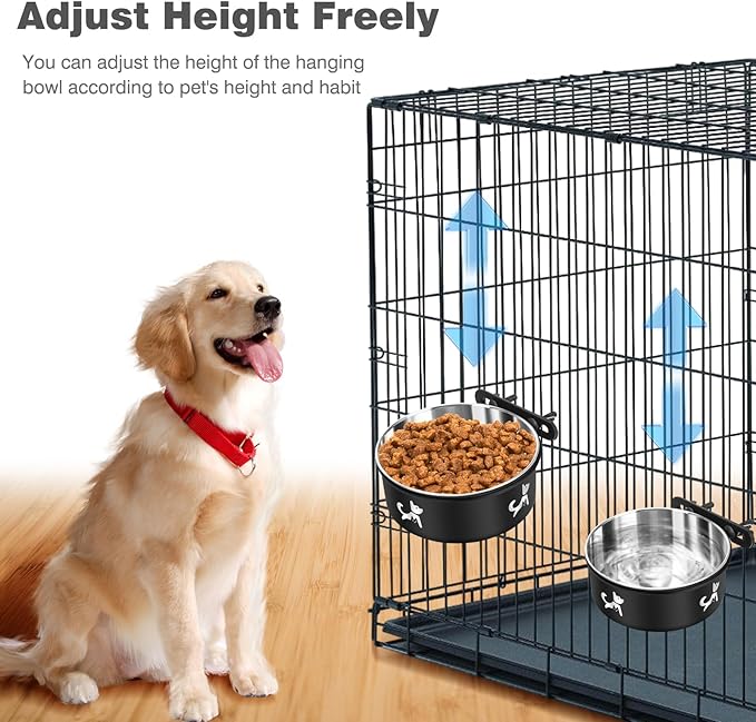 Crate Dog Bowl, 2 Pack Dog Crate Water Bowls Hanging No Spill, Removable Stainless Steel Mountable Pet Kennel Bowl Food Feeder Coop Cup Cage Accessories for Puppy Cat Rabbit Guinea Pigs Ferret Bird