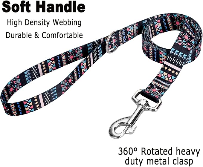 MarukoPet Dog Collar and Leash Set, Adjustable for Small Medium Large Dogs Puppy, Cute Design with Bohemia Floral Tribal Geometric Patterns Boys Girls Dog Collar(Black Bohemia Set,M)