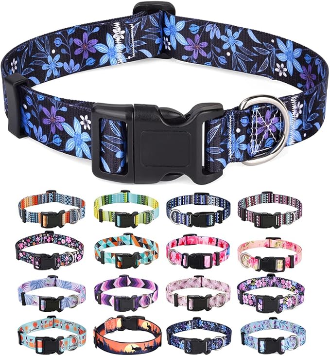 Mihqy Dog Collar with Bohemia Floral Tribal Geometric Patterns - Soft Ethnic Style Collar Adjustable for Small Medium Large Dogs(Floral Blue,S)