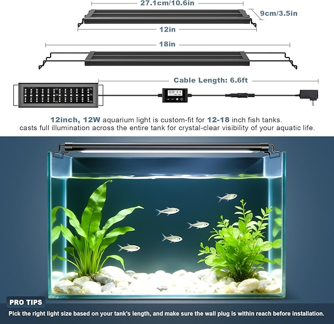 LED Aquarium Light Full Spectrum Fish Tank Light with RGB Brightness/Color Stepless Adjustment, 24/7 Day-Night Cycle Mode, Auto On/Off Timer, IP68 Waterproof (12W for 12'' - 18'' Tank)