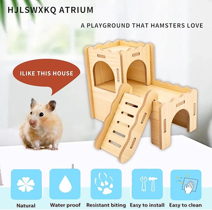 Natural Wood Hamster Habitat Hideout Cage Accessories, Maze Cabin with Fun Slide & Double-Decker House, Exercise Toys for Dwarf Hamsters, Gerbils, Mice,Other Small Animals(Only for Small Hamster C)