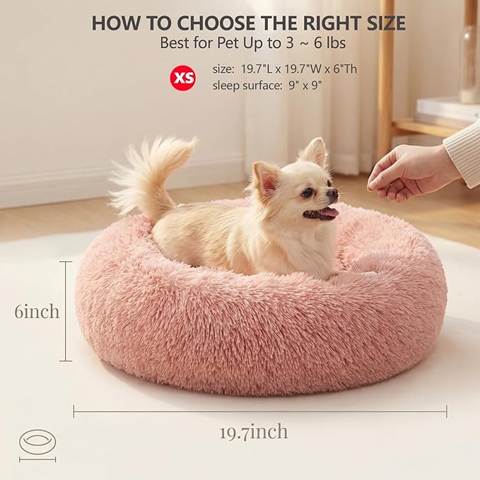 Calming Donut Dogs Beds for Small Dogs Washable,19inch Fluffy Round Puppy Bed for Puppies,Cats & Toy Breeds with Raised Rim,Fits up to 15 lbs Pets,Pink