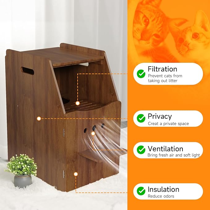 Cat Litter Box Enclosure,Enclosed Litter Boxes Cabinet,Top Entry Litter Box Enclosure,Tall Hiden Litter Furniture,Wood Cat Toilet with Filter and Stairs for Indoor Cats,Dog Proof (Brown)
