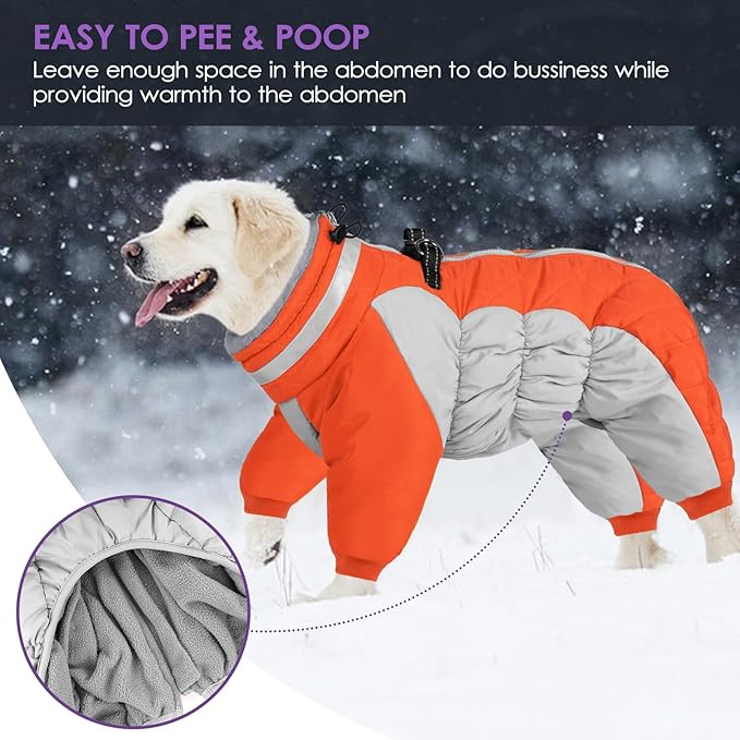 Full Body Dog Coat - Warm Fleece Jacket for Large Dogs, Turtleneck Winter Coats with Harness, Reflective Dog Snowsuit Windproof Puffer Jackets with Legs for French Bulldog, Orange L