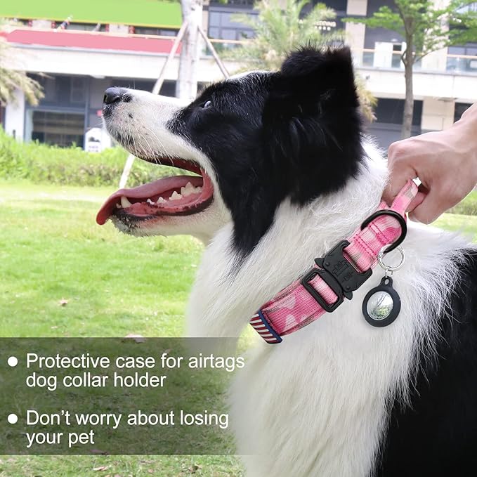 Hotsky Tactical Dog Collar and Leash Set, Heavy Duty Military Airtag Dog Collar with Handle and Metal Buckle for Training and Walking, with Airtag Holder and Two Patches (Pink Camo, M)