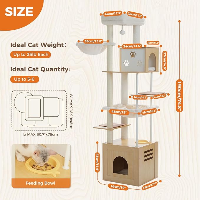PAWZ Road Large Cat Tree with Food Station, 74.8 Inches Wooden Tall Cat Tower with Extra Large Condos and Hammocks,Spacious Perch,Sisal and Steel Posts, Scratching Mat for Indoor Adult Cats-Beige