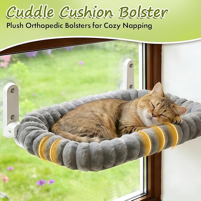 Zoratoo 2PC Cat Window Perch with Bolster Foldable Cat Hammock Cushion Bed for Window with Metal Frame, Cloud-Cuddle Cordless Window Resting Seat for Indoor Cats (Cushion Bed, Gray-M)