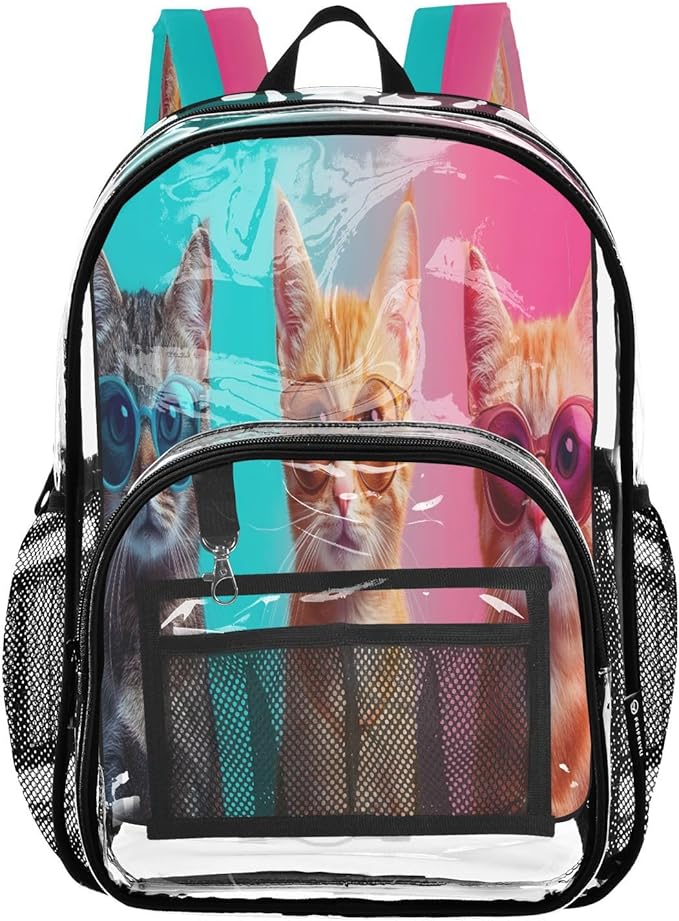 Three Cool Cats Clear Backpack with Back Print, Heavy Duty See Through Backpacks PVC Transparent Daypack for Travel Security