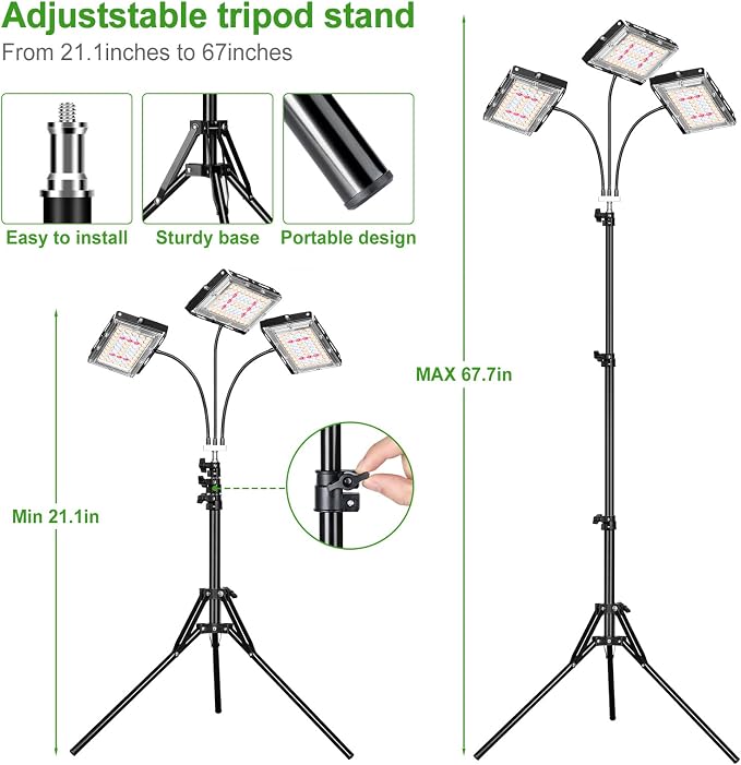 LBW Grow Light with Stand, Tri-Head LED Grow Lights for Indoor Plants | 150 LEDs Full Spectrum Plant Light, 3/6/12H Timer, 6 Brightness, 3 Switch Modes,15-63in Adjustable Stand, for Tall Plants