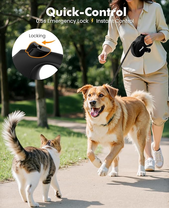 Pecute 26ft Retractable Dog Leash, Heavy Duty Retractable Pet Leash with Poop Bag Holder, Anti-Slip Soft Grip, Reflective Dog Leashes for Medium Dogs Large Dogs 33lbs-110lbs(Black)