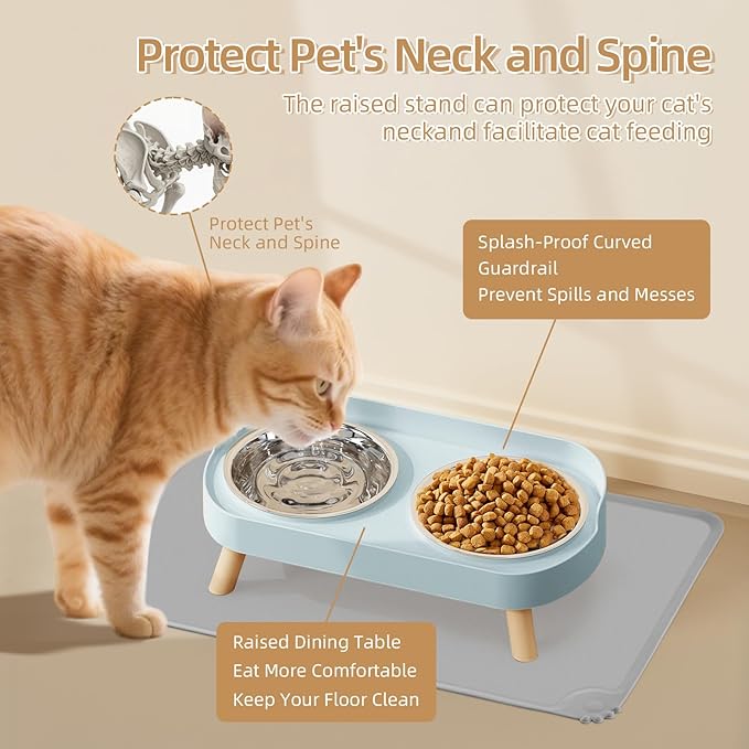 Elevated Cat Bowl with Food Mat, Raised Cat Food and Water Bowl Set for Indoor Cats, Splash Proof with 2 Stainless Steel Pet Food Bowls for Cats and Puppies,Whisker Fatigue and Dishwasher Safe (Blue)