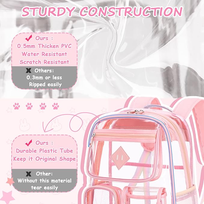 PIG PIG GIRL Clear Backpack for School,Heavy Duty PVC Transparent Bookbag for Girls Stadium Approved See Through Backpack