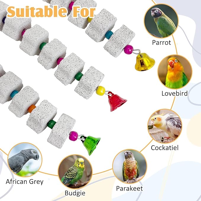 PINVNBY 3 Pack Bird Chewing Toy Lava Calcium Bird Beak Grinding Stone with Bell Hanging Parakeet Cage Accessories for Parrots Budgies Cockatiels African Grey (9 Block Per String)