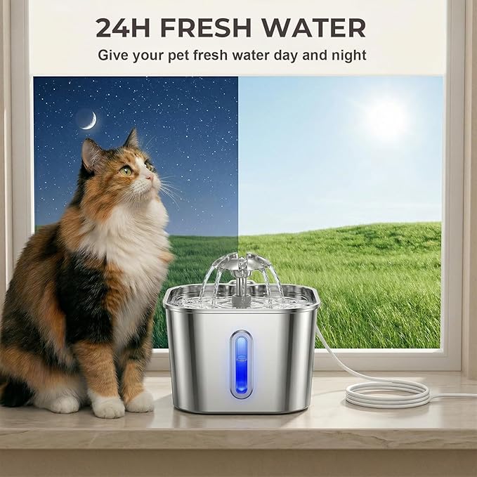 Cat Water Fountain Stainless Steel with 4 Filters & 4 Sponges, 74oz/2.2L Automatic Pet Drinking Fountain, Indoor Water Dispenser for Cats, Kittens, Small Dogs and Pets, Quiet Circulating Pet Fountain