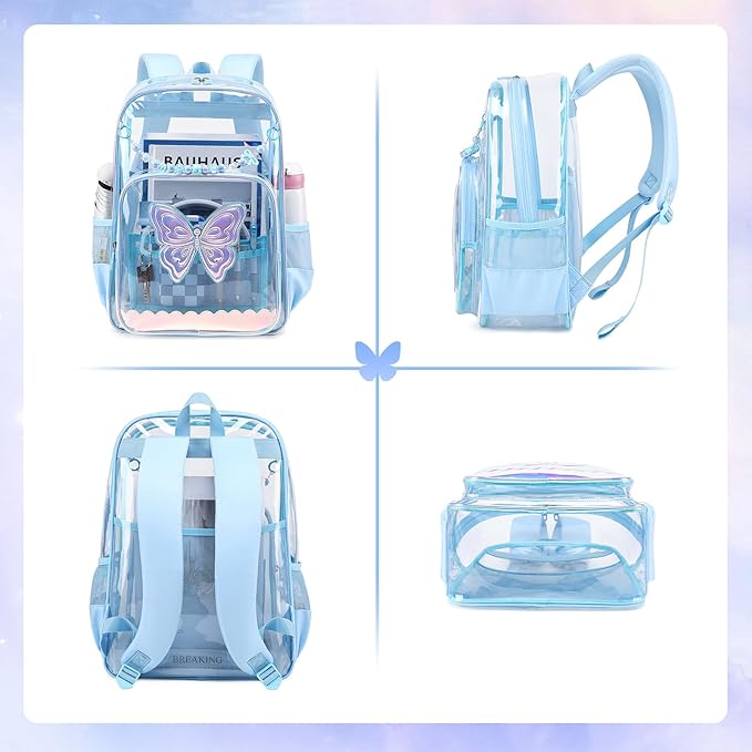 MUSEVOS Clear Backpack, Clear Bookbag for School PVC Heavy Duty Transparent Backpack for Girls, Blue Butterfly
