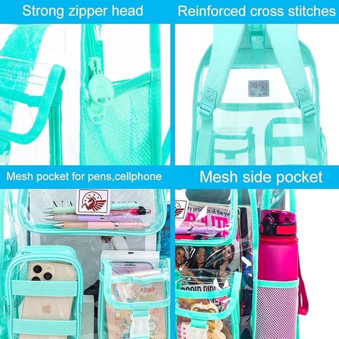 CCJPX 3Pcs Clear Backpack for Girls, School Transparent Bookbag, Heavy Duty See Through Backpacks for Teens Elementary