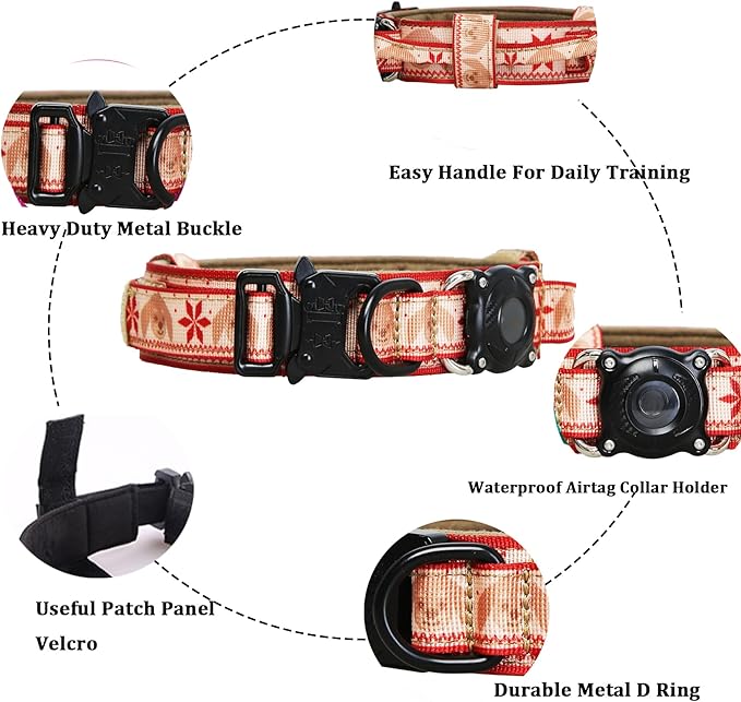Christmas Tactical Dog Collar and Leash Set with Airtag Holder Waterproof Dog Airtag Collar with Handle Adjustable Heavy Duty Dog Collar Leash Set(Christmas Red，XXL