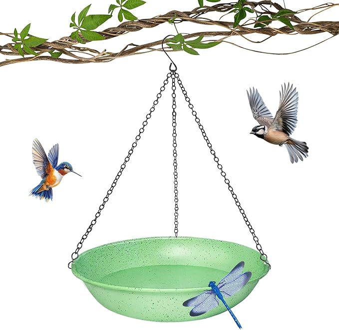 Hanging Bird Bath for Outdoors,11Inch Double Patchwork Birdbath Bowl Window Birds Feeder with 13.5 in Rust-Proof Black Chains Metal Hanging Birds Feeder for Garden Backyard Decor Green Speckled