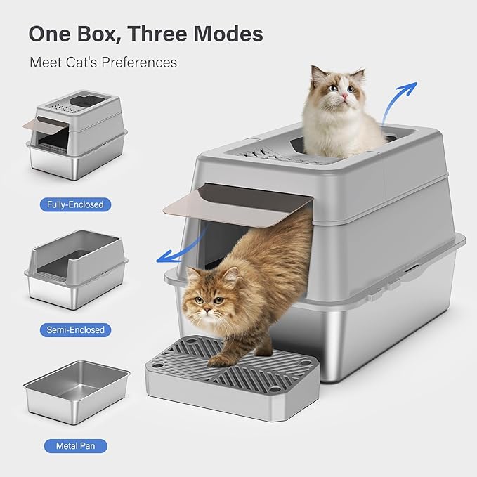 Aphyxen Stainless Steel Litter Box with Lid, XL Extra Large Enclosed Cat Litter Box Fits All Cats Modular Design with Flip Cover, Top Entry Metal High Sided Cat Box & Pedal & Scoop (Grey)