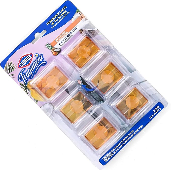 Clorox Fraganzia Stick-On Gel Fresheners, Island Escape Trash Can Deodorizer Up to 30 Days Scent, Odor Absorber for Kitchen, Bathroom, Closet, No Plug or Batteries, 0.12 Fl Oz, 6 Count - 12 Pack