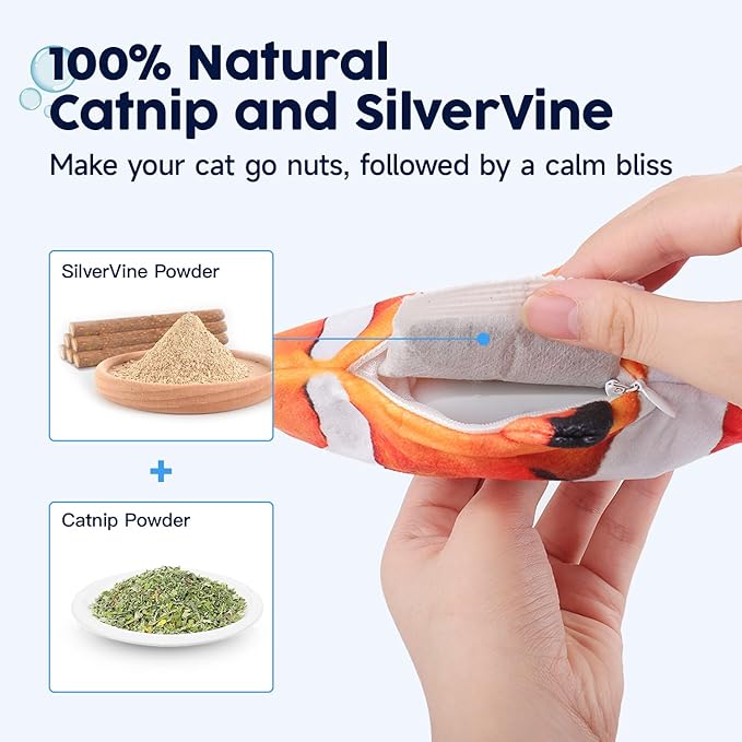 Potaroma Cat Toys Flopping Fish with SilverVine and Catnip, Moving Kitten Kicker, Floppy Wiggle Clownfish for Small Dogs, Motion Kitty Interactive Exercise, 10.5 Inches