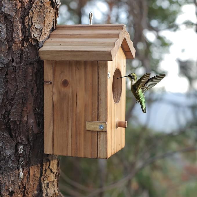 NATUREYLWL Hummingbird House for Outside Hanging, Mini Wood Birdhouse specifically for Hummingbird, Small Bird Nesting Box with Perch, Weather-resistant outdoor birdhouse, Dimensions:3.3*4.1*5.9 inch