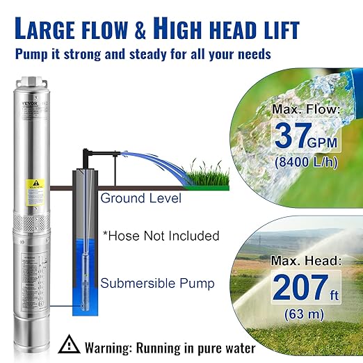 VEVOR Deep Well Submersible Pump, 1HP 230V/60Hz, 37gpm Flow 207ft Head, with 33ft Electric Cord, 4" Stainless Steel Water Pump for Industrial, Irrigation&Home Use, IP68 Waterproof Grade | for Industrial Irrigation & Home Use, 4" Stainless Steel Water P...