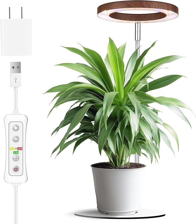 72 LEDs Plant Grow Light for Indoor Plant,Walnut Wood Grain Aluminum LED Grow Light with White Base, Height Adjustable,6.3" Aluminum Housing,Automatic Timer with 8/12/16 Hours,1 Pack