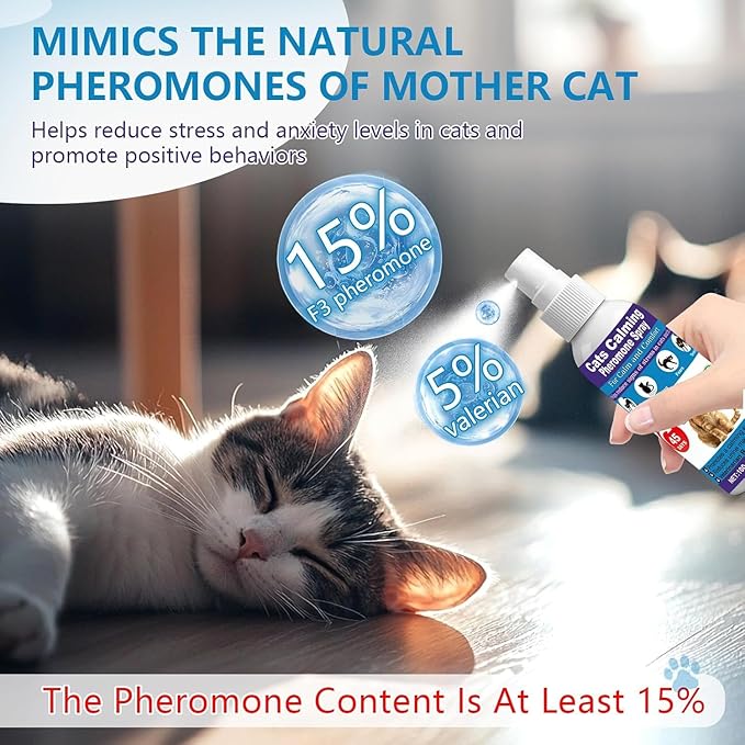 Cat Calming Pheromone Spray for Stress & Anxiety Relief – Reduces Scratching, Urine Spraying, Hiding – Drug-Free & Vet Recommended – Feline Calm Spray with F3 Facial Pheromone 2 * 100mL 8.5oz