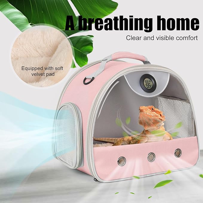Bearded Dragon Carrier, Reptile Travel Bag with Built-in Thermometer Hygrometer, Breathable Small Animal Carrier with Clear View Window, Portable Lizard Habitat for Ball Python