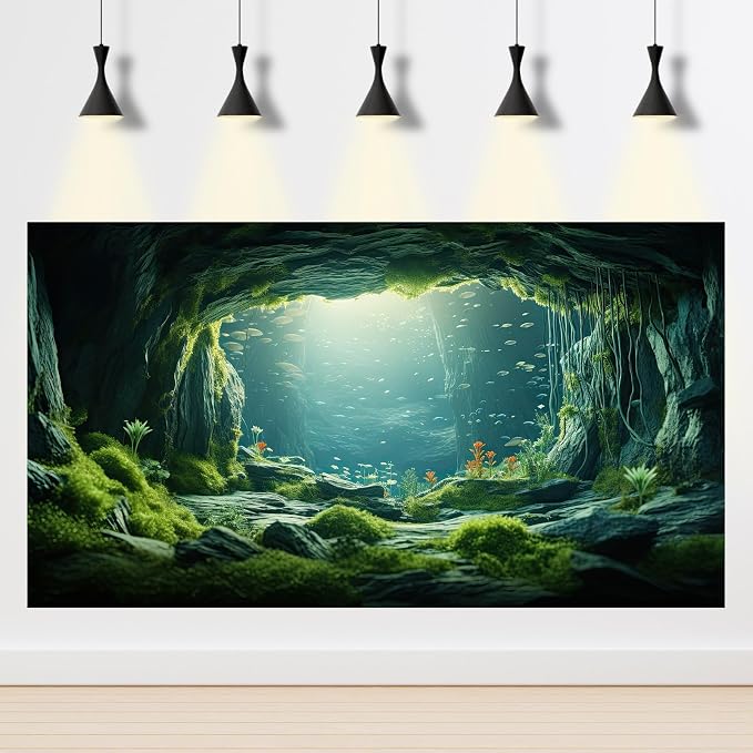 Underwater Cave Aquarium Background Under The Sea World Large Rock Fish Tank Background Aquatic Plant Lush Green Moss Reptile Tank Backgrounds Cave Landscape Reptile Enclosure Background 36x24in