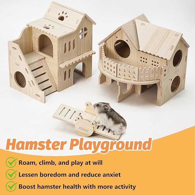 BNOSDM Double Hamster Hideout House, Wooden Hamster Toy with Balcony & Seesaw, Small Animals Hides for Syrian Dwarf Hamsters, Gerbils