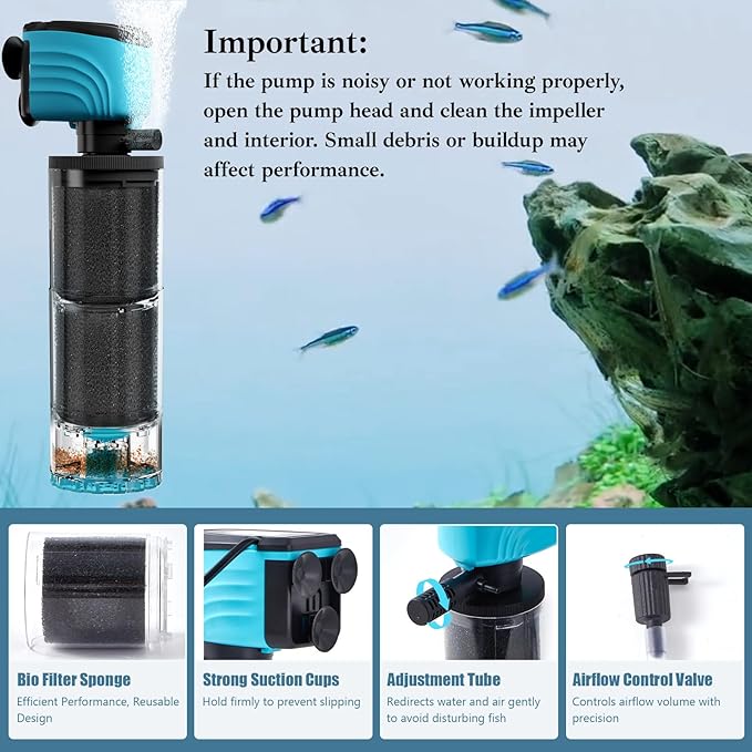 Submersible Aquarium Filter, Upgraded 100-300 Gallon Fish Tank Filter with Fish Guard, Internal Whisper Pump for Turtle Tank, Debris Tray, Check Valve, Fresh/Saltwater, 15-Inch