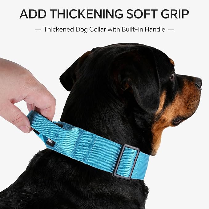 Tactical Thick Dog Collar, Adjustable Training Nylon Dog Collar, Heavy Duty Metal Buckle & Control Handle for Small Medium Large Dogs (L, Blue)