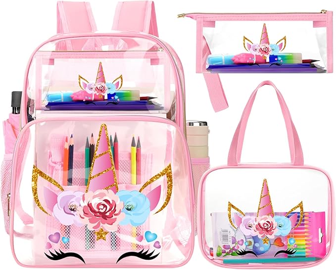 Kacctyen 3 Pcs Clear Backpack Heavy Duty Clear Stadium Bag Transparent Backpack with Lunch Bag(Pink,Unicorn)